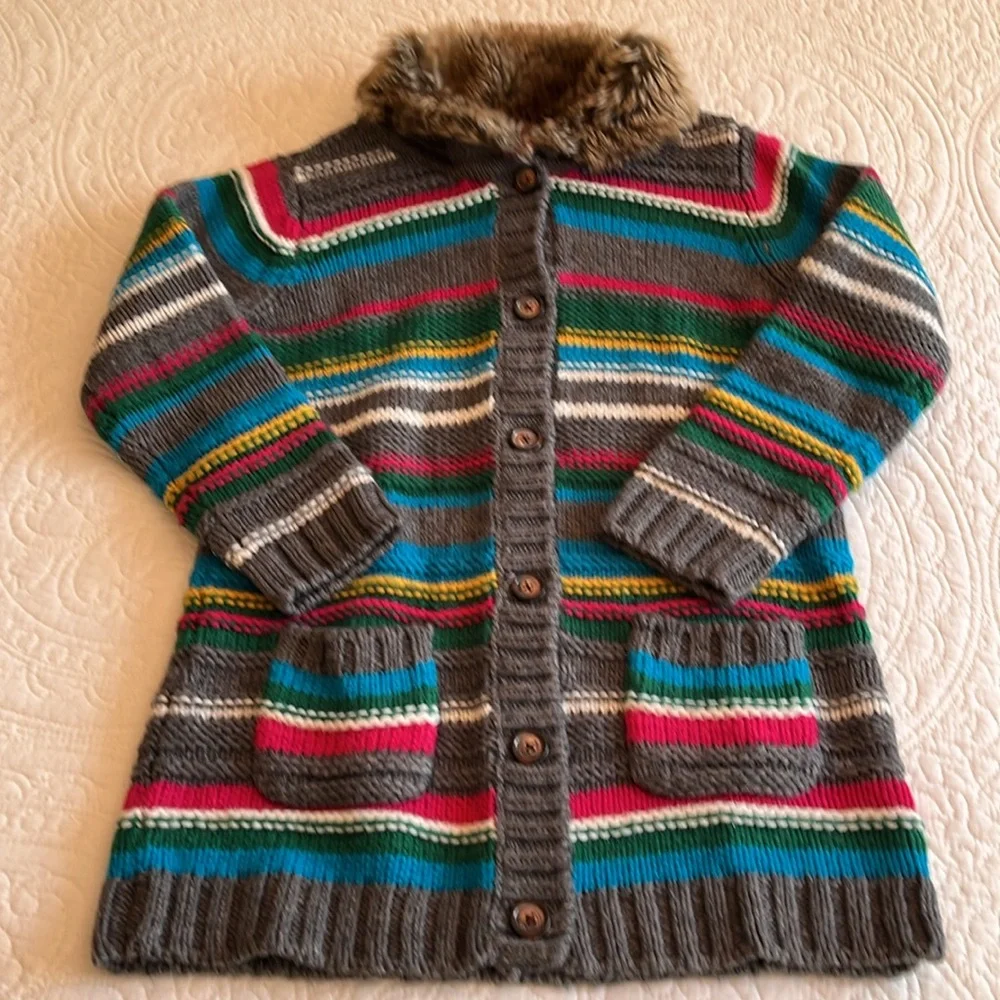 Hanna Andersson Wool Blend Cardigan‎ Sweater Girls 10/ 140 Multi Stripe Rainbow